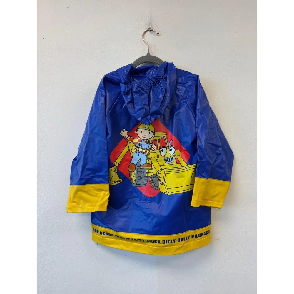 Vintage Bob The‎ Builder Rain Coat Kids 4 Blue Yellow Hooded PVC 2000s Cartoon